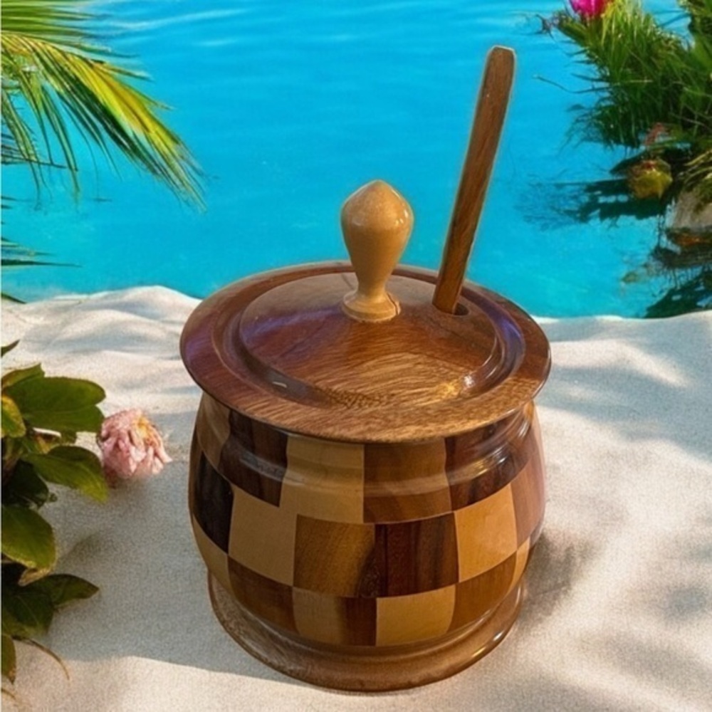 Hand Turned Checkerboard Wood Honey Pot